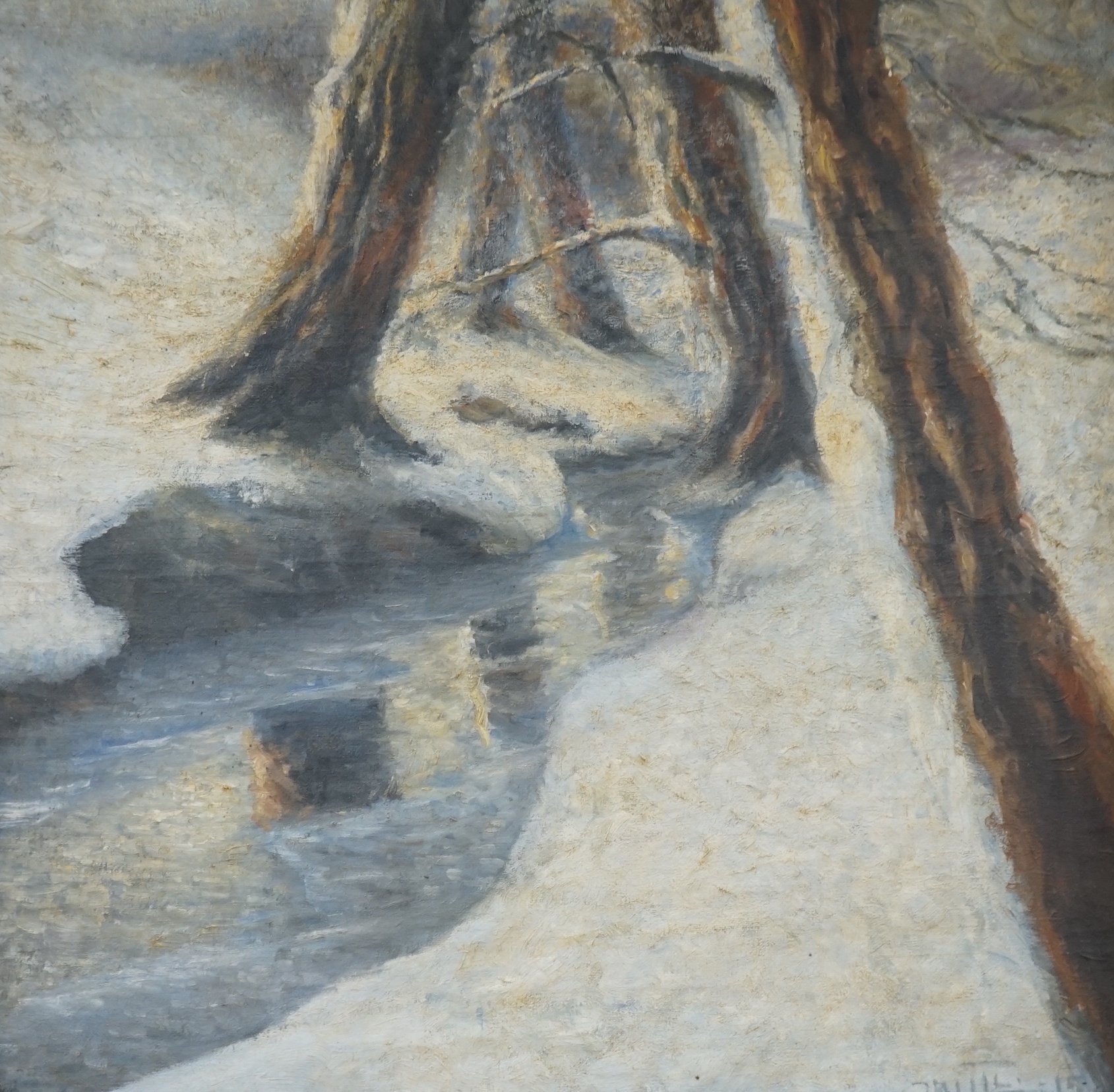 Scandinavian School, oil on canvas, Winter landscape with stream, indistinctly signed and dated, 51cm x 51cm, ornate frame